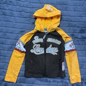 Pepe Jeans London Kids Brown Yellow Zip Up Hoodie Sweatshirt Size S 7/8